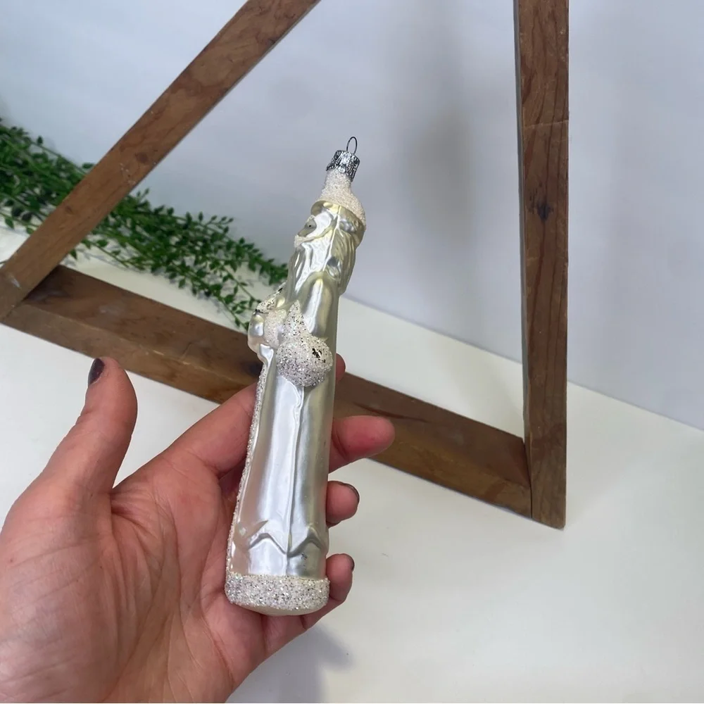 Vintage Czech Republic White Glitter Blown Glass Santa Christmas Tree Ornament